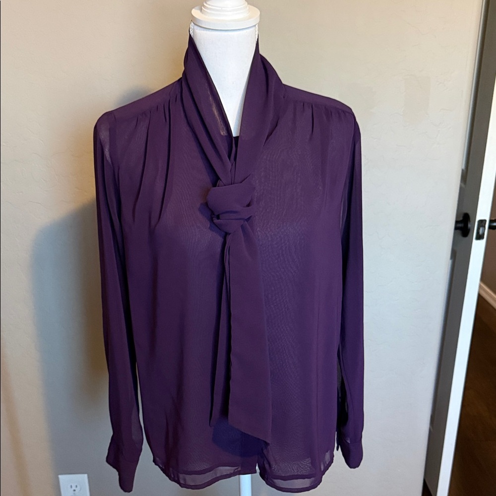 Ann Taylor Deep Purple Blouse with Tie Neck